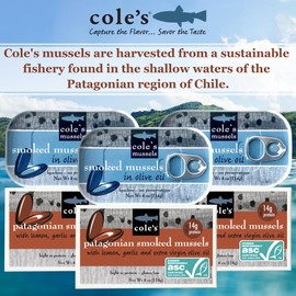 Cole’s Patagonian Smoked Mussels Includes Lemon & Garlic AND Extra Virgin Olive Oil Flavors | 14g Protein | 4oz Hand-Packed Tinned Mussels | 6 pack