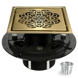 6 Inch Shower Drain, Square Shower Floor Drain Kit with Flange and Removable Cover Grate, AISI 304 Stainless Steel, Brushed Gold