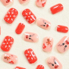 24Pcs Christmas Short Press on Nails Glossy Red Glitter Cute Cartoon Snowflake Elk False Nails Short Square Fake Nails Xmas Glue on Nails Holiday Stick on Nails for New Years Xmas Nail Decoration
