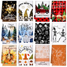 Bencailor 12 Pcs Holiday Kitchen Towels Spring Dish Towels Summer 4th of July Independence Day Hand Towels Set Fall Winter Holiday Tea Towels (Classic Color,Gnome)