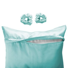 Alexandra's Secret Satin Bed Zippered Pillowcase with Scrunchies for Hair and Skin Pack of 2 Gift Set Luxury Soft and Cooling Sleep Silky Pillow Cases with Zipper (Queen, Aqua)