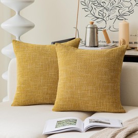 Kevin Textile Throw Cushion Cover Faux Linen Home Decorative Hand Made Pillow Cases for Travel Use, 18"x18"(2 Pieces, Honey Yellow)