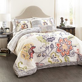 Lush Decor Coral and Navy Aster Comforter Set-Flower Pattern Reversible 5 Piece Bedding-Full Queen