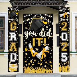 Jobkoo Black Gold Graduation Decorations Class of 2025 Congrats Grad Porch Sign Banner and You Did It Graduation Door Cover 2025 Hanging Banner for High School College 2025 Graduation Party Supplies