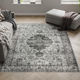 Dripex 5x7 Area Rugs, Machine Washable Non Slip Distressed Boho Rugs, No Pile Lightweight Vintage Rug, Floor Carpet for Living Room,Dining Room,Bedroom and Office,Grey