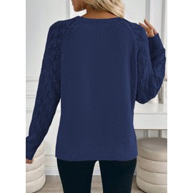 Dokotoo Ladies Summer Crochet Sweaters 2025 Long Sleeve V Neck Lightweight Sweater Hollow Out Cable Knit Pullover Office Clothes Jumper Summer Tops for Women Loose,Navy Blue Medium