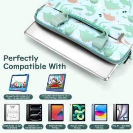 Dadanism Tablet Bag for Kids, 12.5 Inch Portable Kids Tablet Sleeve Carrying Case with Handle & Shoulder Strap, Fits All-new Fire HD 10 Kids/Fire HD 10 Kids Pro 13th/11th Gen 2023/2021, Green Dinosaur