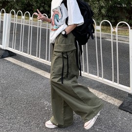 Cargo Pants Women Baggy Y2K Streetwear Cotton Solid Vintage Loose Fit with Pockets Palazzo Army Green