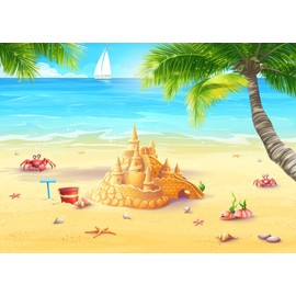 CORFOTO 7x5ft Fabric Summer Beach Backdrop for Photography Cartoon Coconut Tree Sand Castle Funny Crabs Seaside Background for Kids Vacation Aloha Luau Party Decoration Photo Shoot Props
