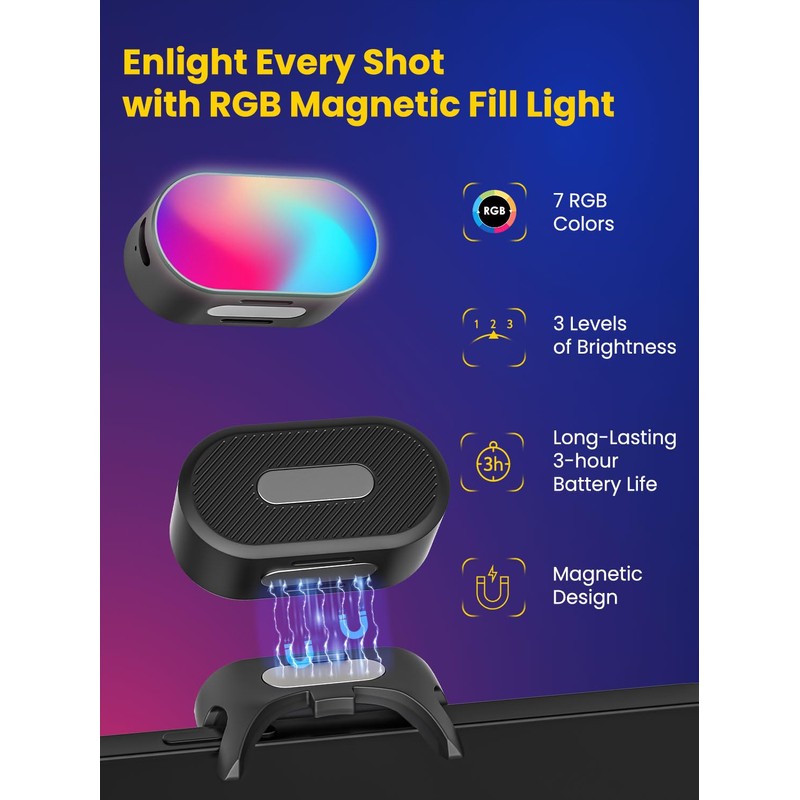 AOCHUAN Magnetic RGB LED Light, 7 Colour Temperature, 3 Brightness
