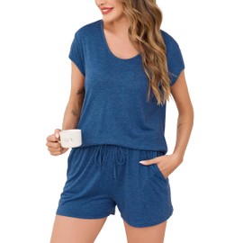 Vlazom Pyjamas Set for Women,Soft Cotton Pjs Set Loungewear Summer Two Piece Pyjamas Short Sleeve Sleepwear with Pockets Cobalt Blue,S