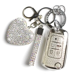 YIKECASE Key Fob Cover with Diamond Keychain for Women, Car Key Holder Compatible with Chevy Cruze Camaro Malibu Equinox Impala GMC Buick Encore Regal Flip Folding Protector, 5 Buttons (Silver-Heart)