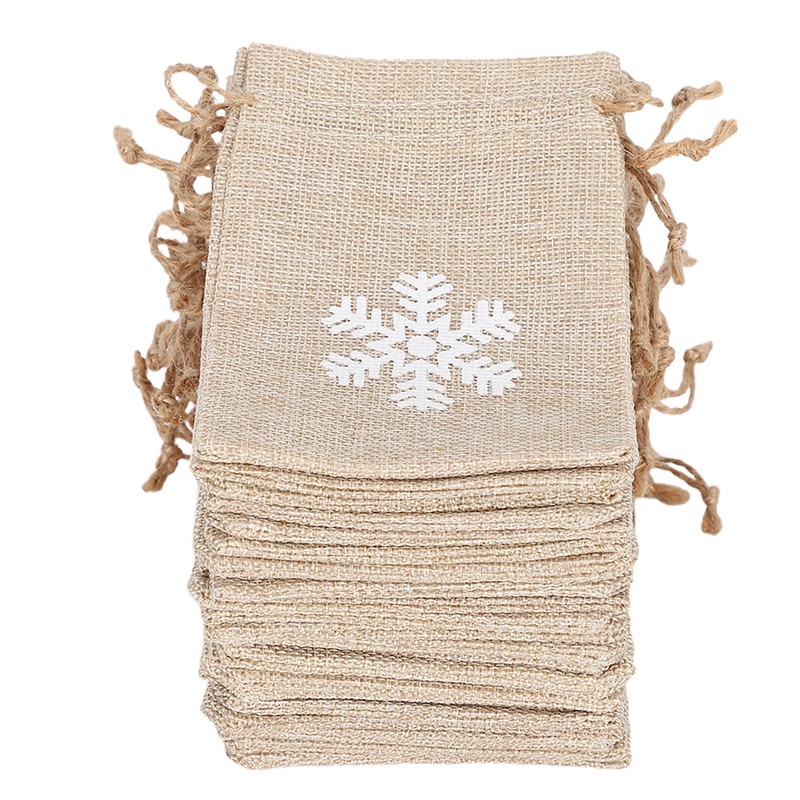 25Pcs Drawstring Bag Like Linen Snow Pattern Gift Bag Christmas