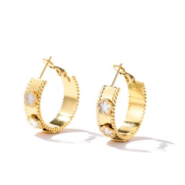 14K Gold Plated Clover Earrings for Women Hypoallergenic Stainless Steel Clover Hoop Earrings Lovely Gift (14K Gold-White)