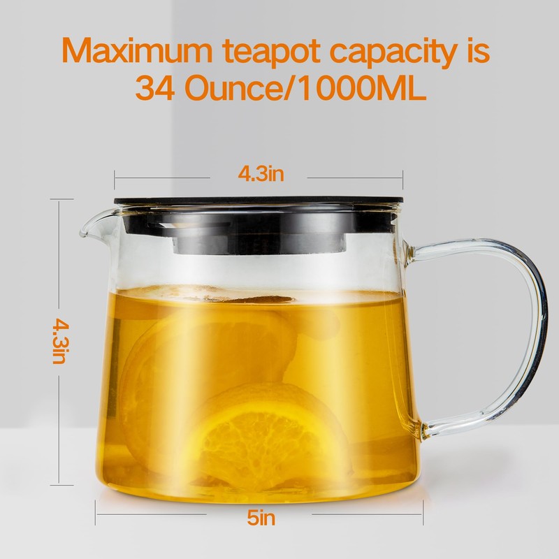 Glass Teapot 34oz/1000ml with Removable Stainless Steel Infuser Tea pot,