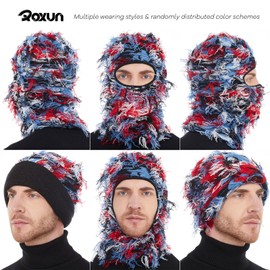 ROXUN Distressed Balaclava Ski Mask, Shiesty Yeat Airsoft Custom Camo Knitted Face Mask for Men/Women Red Blue