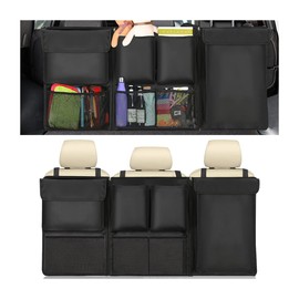 BESULEN Car Trunk Organizer, Hanging Cargo Bag with Large Pockets, Zippers Detachable Seat Back Storage with Lids, Equipped with Elastic Net, Foldable Space Saving Expert for Car, SUV, Van (Black)