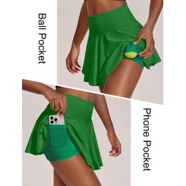 PINSPARK Tennis Skirt for Women Solid Golf Skirts High Waist Breathable Running Skirts with Pockets, Green Medium
