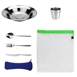 EMAGEREN 7 in 1 Camping Cutlery Set Stainless Steel Tableware Set Outdoor Travel Cutlery Picnic Set Camping Tools Dinnerware Round Plate + 3-Piece Cutlery + Cup + Cutlery Bag + Mesh Bag