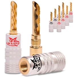 NAUC Hollow Banana Plugs for Speaker Cable - Pack of 10 Plugs as a Set - Hollow Connectors 24K Gold-Plated Screw Brar - Tube for HiFi Amplifier