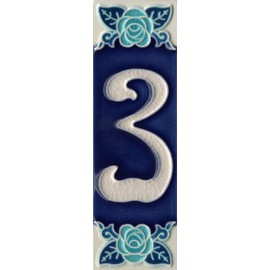 Phosphorescent Hand Painted Italian Ceramic Number & Letter Tiles House Numbers Rose Design Tile Size: 15cm x 5cm (Number 3)