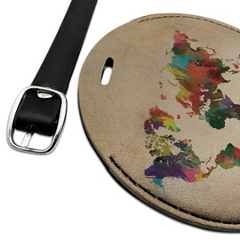 Colorful Rainbow Map of The World Earth Round Leather Luggage Card ID Tag