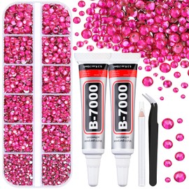 6100Pcs Resin Rhinestones for Crafting with 2Pcs 10ml B7000 Jewelry Glue, 1 Box Flatback Crystals Diamond (Hot Pink) for Bedazzling Crafts DIY Nail Art Non Hotfix Gems for Clothing Shoes