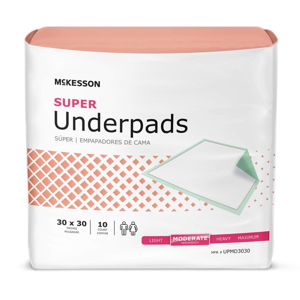 McKesson Super Disposable Underpads, 30" x 30", Polymer, Fluff, Non-Woven, 10 Count