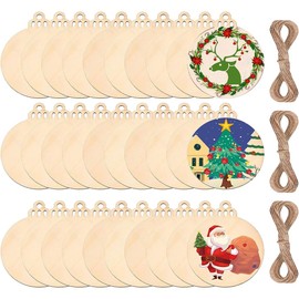 ZKSXOA 20 Pieces Christmas Wooden Baubles Round Wood Slices Wood Disc Hanging Ornaments Baubles for DIY Crafts Christmas Tree Decoration,9 * 7.6cm