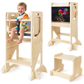 5 in 1 Adjustable Height Toddler Kitchen Step Stool with Wooden Stool, Learning Standing Tower with Blackboard, Kids Wooden Kitchen Stool Helper, 1-3 Years Old Boys Girls Gift