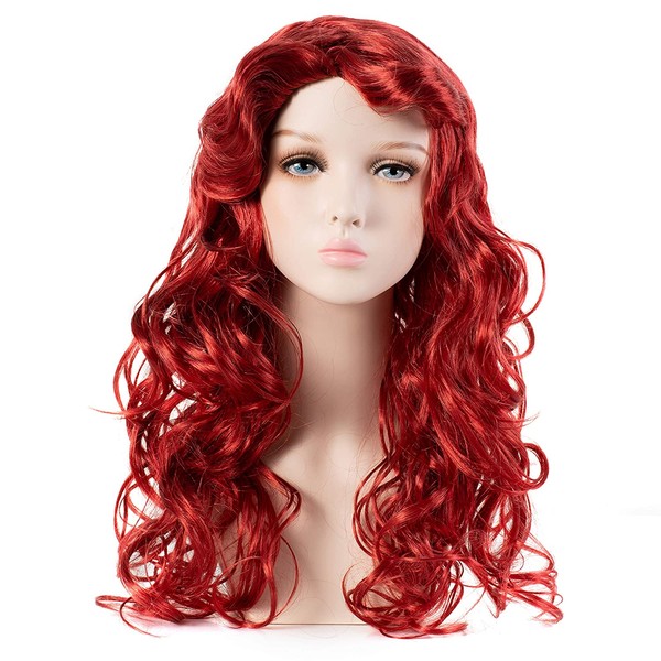HairWiz Girl's Long Curly Red Synthetic Wavy Hair Mermaid Cosplay Wigs (Kids Size)