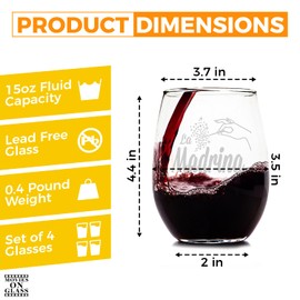 La Madrina Etched Stemless Wine Glass - Premium Quality, Handcrafted Glassware, 15 oz. Set of 4 - A Collectible Gift for Godparents, Birthdays, & Special Occasions