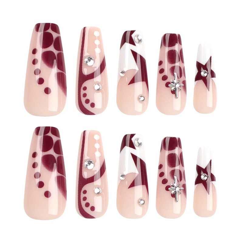 Long Press On Nails Coffin Fake Nails Star With Rhinestone