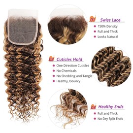 Highlight Brown Bundles Human Hair Deep Wave Bundles Human Hair with 4x4 Free Part Closure 20 22 24 +20 inch 4/27 Color Blonde Highlight Ombre Bundles Human Hair