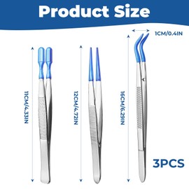 3 PCS Tweezers with Rubber Tips PVC Coated Set Precision Rubber Straight Flat Tip Long Bent Tweezers for Crafts Stamps Beads Jewelry, Blue