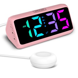 Netzu Loud Alarm Clock for Heavy Sleepers, Plug-in RGB Vibrating Alarm Clocks with Bed Shaker, 5 Dimmers, 2 Alarms and Snooze for Bedrooms Hearing Impaired Deaf Adults Pink