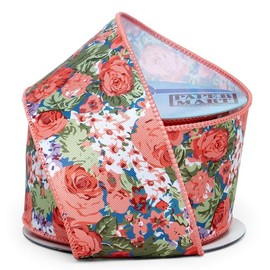 2 1/2" X 10 Yards Peach Rose Floral Wired Ribbon