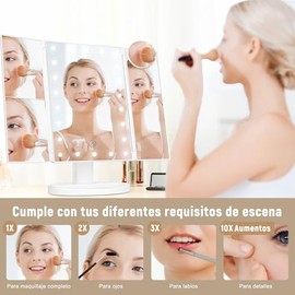 Espejo de Maquillaje Triptico con 2X 3X 10X Aumentos, Espejo con 21 LED Luz                                                                           