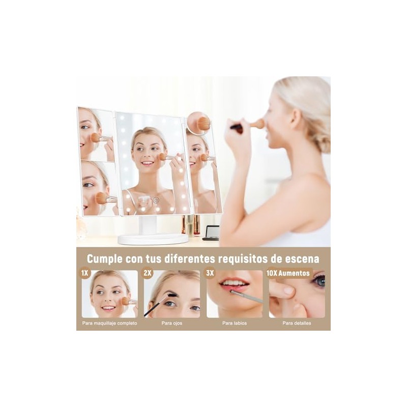 Espejo de Maquillaje Triptico con 2X 3X 10X Aumentos, Espejo