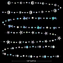 16 Metre Iridescent Mermaid, Jellyfish, Seashell, Starfish, Pearl Streamer, Holographic Paper Decorations for Little Mermaid, Rainbow Theme, Birthday, Bachelorette, Baby Shower, Under Sea Party