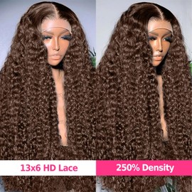 CHEETAHBEAUTY #4 Chocolate Brown Deep Wave 13X6 HD Transparent Lace Front Wigs Brazilian 10A Grade Deep Curly Human Hair Wigs for Black Women Pre Plucked with Baby Hair 250% Density(18inch)
