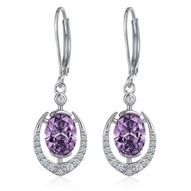 Amethyst Earrings Sterling Silver February Birthstone Oval Dangles Purple 5A Cubic Zirconia Drop Jewelry Gifts for Women