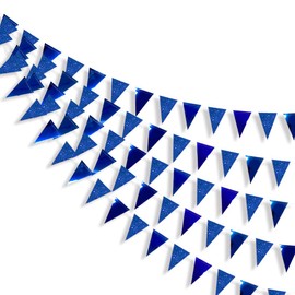 30 Ft Navy Blue Party Decorations Glitter Metallic Paper Royal Blue Triangle Banner Flag Garland Pennant Bunting for Birthday Baby Shower Graduation Ahoy Achor Nautical Pirate Theme Party Supplies