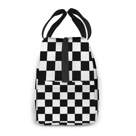 Groamaup Insulated Lunch Bag Black and White Racing Checkered Pattern Reusable Lunch Bags with Side Pocket for Office Travel