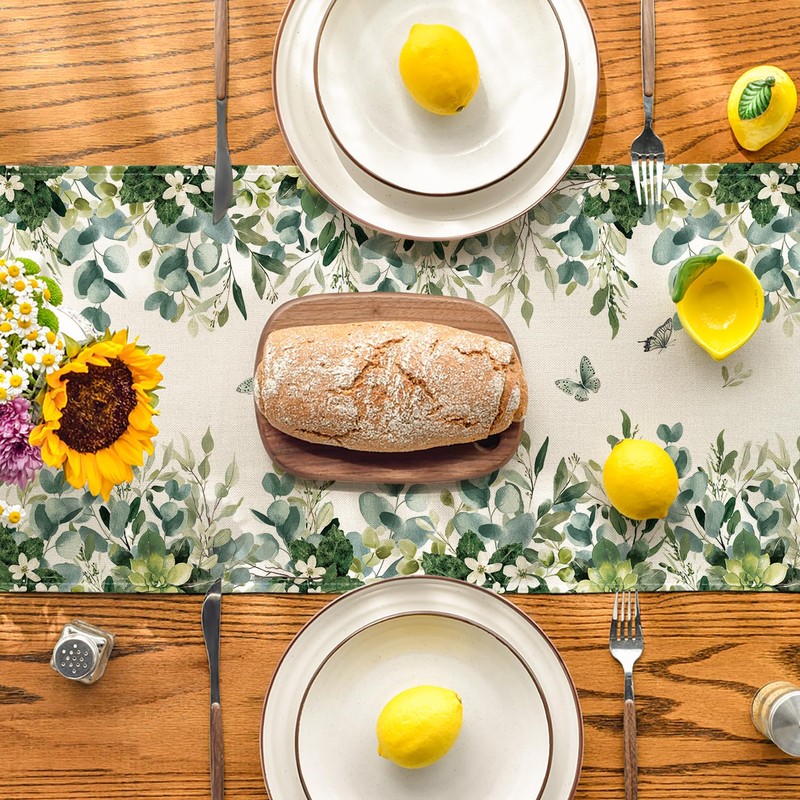 Artoid Mode Eucalyptus Leaves Spring Table Runner, Seasonal Summer Kitchen