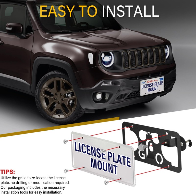 No Drill License Plate Holder Compatible with Jeep Cherokee 2014-2023