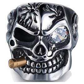 Vintage Stainless Steel Gothic Skull Smoking Bullet Biker Cocktail Party Rin (Silver, 7)