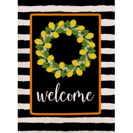 YaoChong Spring Welcome Home Decorative Lemon Wreath Watercolor Stripes Garden Flag Vertical Double Sided 12.5 x 18 Inch Rustic Burlap Black White Summer Holiday Farmhouse Yard Outdoor Décor