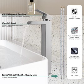 PARLOS Waterfall Vessel Sink Faucet Single Handle Tall Bathroom Vanity Mixer Tap One Hole with Water Supply Line, Brushed Nickel, 1441102D