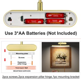 RAIFOOLLY Picture Light,3AA Battery Art Lights for Paintings,2PK Wireless Wall Lighting,Remote Control Accent Light with Timer and Dimmable for Frame,Portrait,Dartboard-Brass
